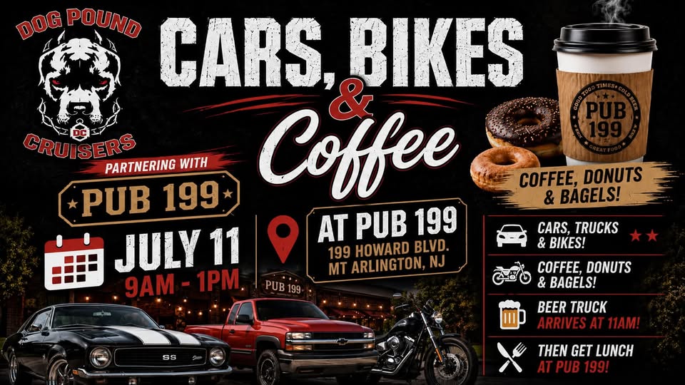 Dog Pound Cruisers Cars & Coffee at Pub 199 event at Pub 199 in Mount Arlington, NJ on July 11, 2026