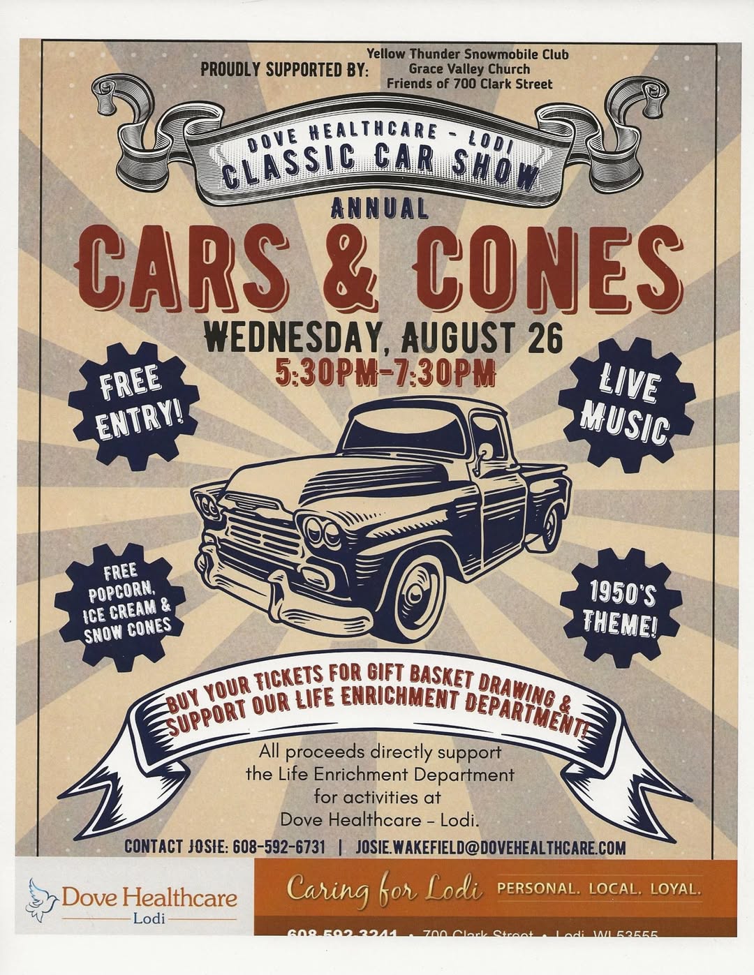 Dove Healthcare - Lodi Annual Cars & Cones Classic Car Show event at Dove Healthcare - Lodi in Lodi, WI on August 26, 2026