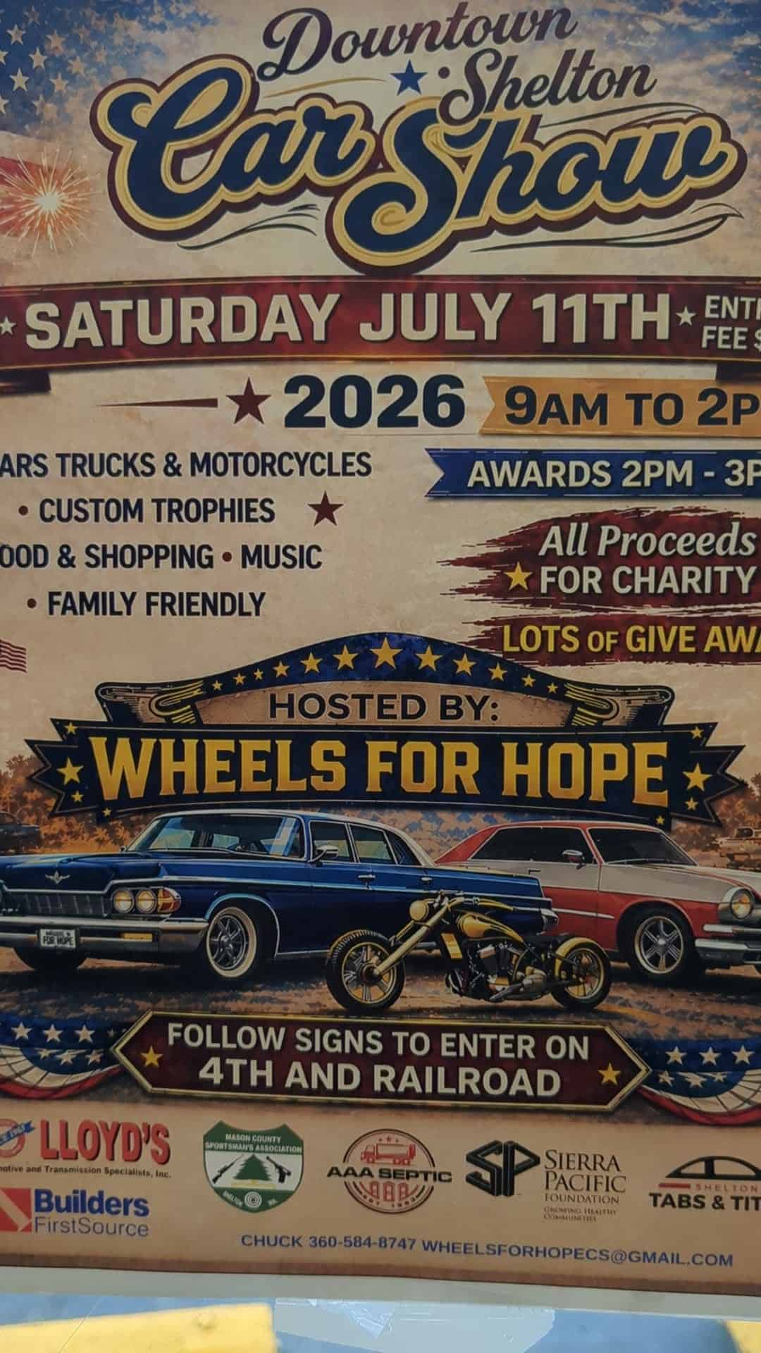 Downtown Shelton Car Show hosted by Wheels for Hope event at Downtown Shelton in Shelton, WA on July 11, 2026