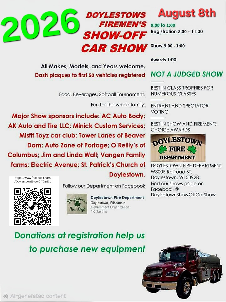 Doylestown Firemen's Show-Off Car Show event at Doylestown Fire Department in Doylestown, WI on August 8, 2026