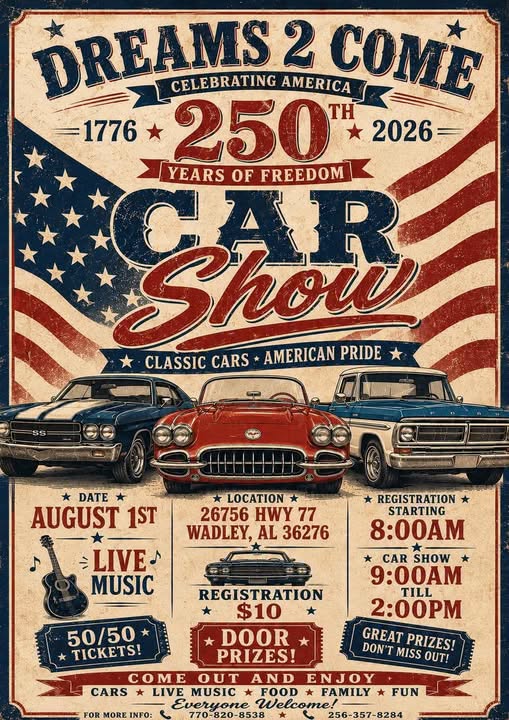 Dreams 2 Come Celebrating America 250th Years of Freedom Car Show event at 26756 HWY 77 in Wadley, AL on August 1, 2026