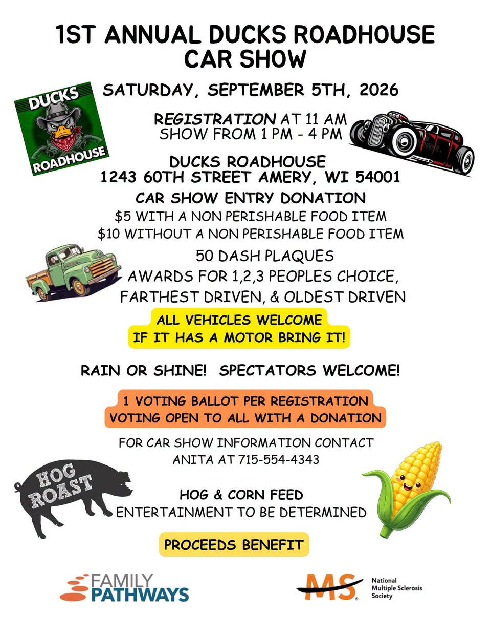 Ducks Roadhouse 1st Annual Car Show event at Ducks Roadhouse in Amery, WI on September 5, 2026