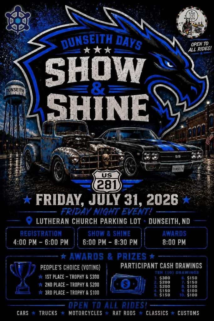Dunseith Days Show & Shine event at Lutheran Church Parking Lot in Dunseith, ND on July 31, 2026