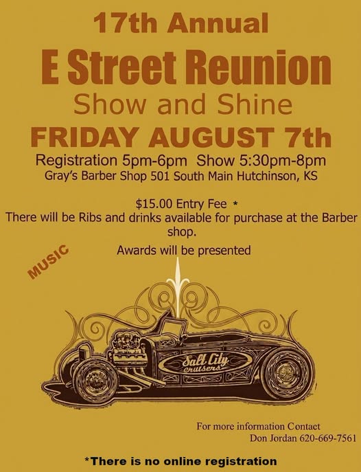E Street Reunion Show and Shine event at Gray's Barber Shop in Hutchinson, KS on August 7, 2026