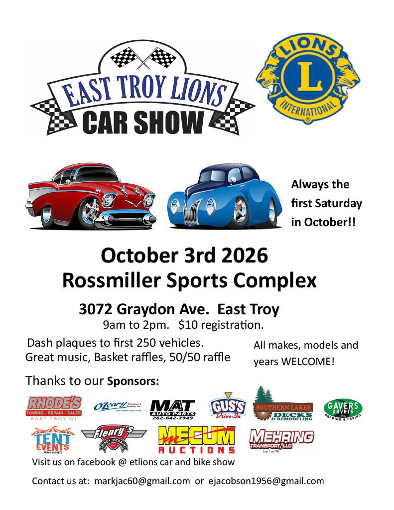 East Troy Lions Car & Bike Show event at Rossmiller Sports Complex in East Troy, WI on October 3, 2026