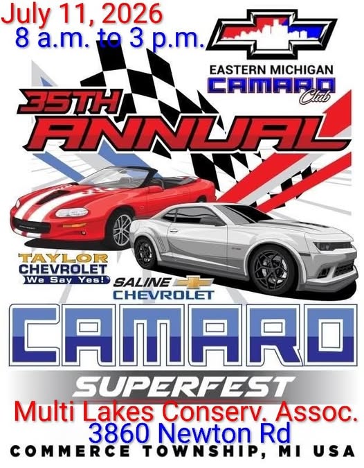 Eastern Michigan Camaro Club 35th Annual Camaro Superfest event at Multi Lakes Conservation Association in Commerce Township, MI on July 11, 2026