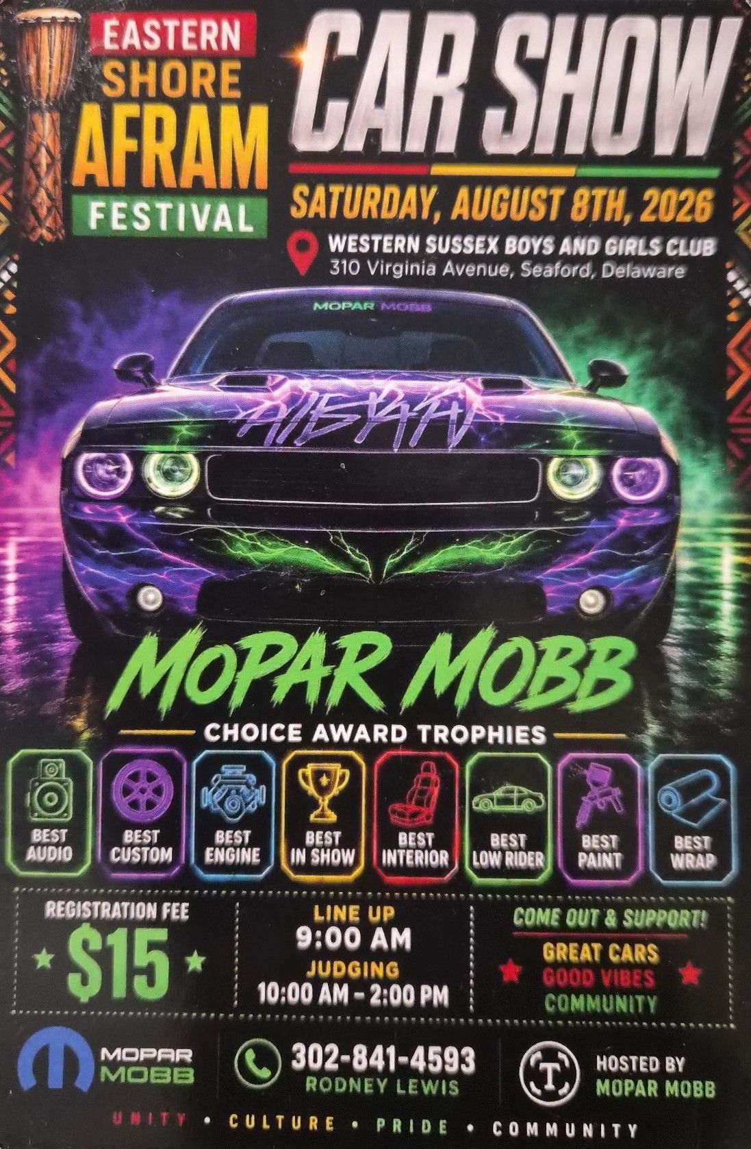 Eastern Shore Afram Festival Mopar Mobb Car Show event at Western Sussex Boys and Girls Club in Seaford, DE on August 8, 2026