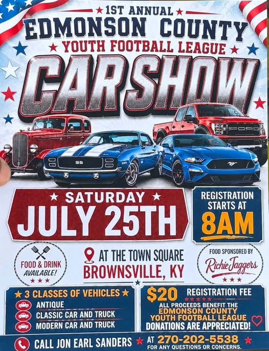 Edmonson County Youth Football League 1st Annual Car Show event at Town Square in Brownsville, KY on July 25, 2026