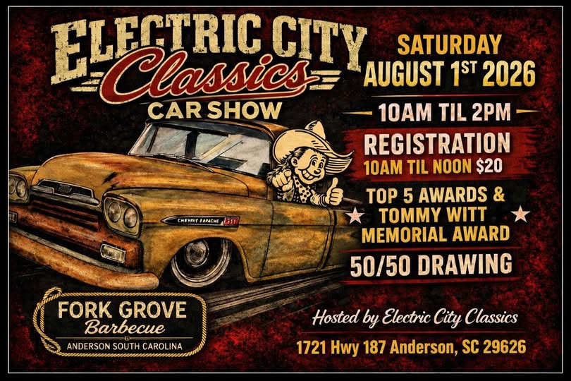 Electric City Classics Fork Grove Barbecue Car Show event at Fork Grove Barbecue in Anderson, SC on August 1, 2026