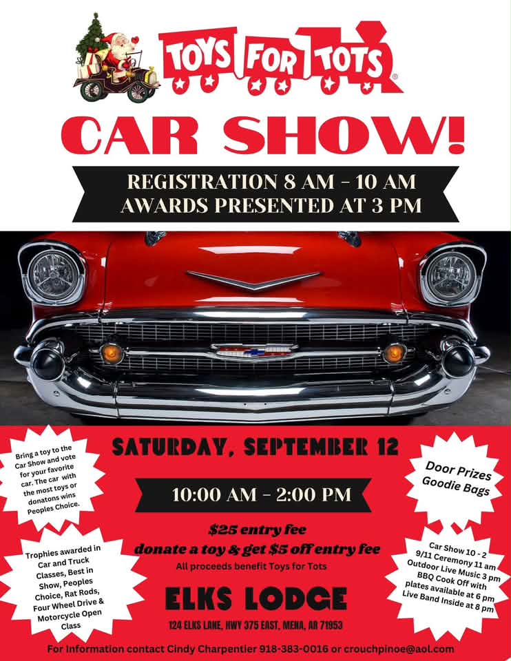 Elks Lodge Toys for Tots Car Show event at Elks Lodge in Mena, AR on September 12, 2026