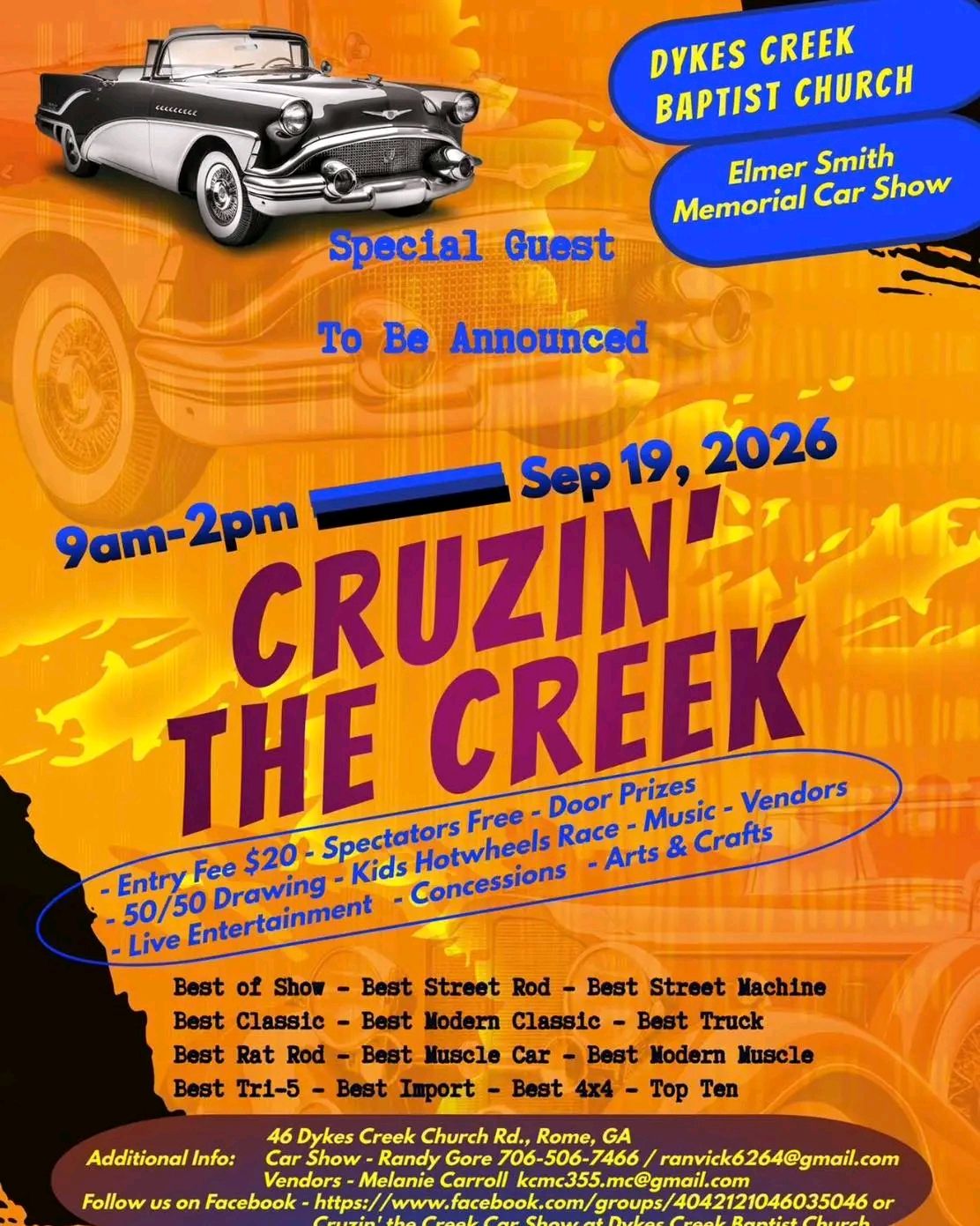 Elmer Smith Memorial Car Show event at Dykes Creek Baptist Church in Rome, GA on September 19, 2026