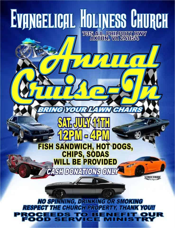 Evangelical Holiness Church Annual Cruise-In event at Evangelical Holiness Church in Axton, VA on July 11, 2026