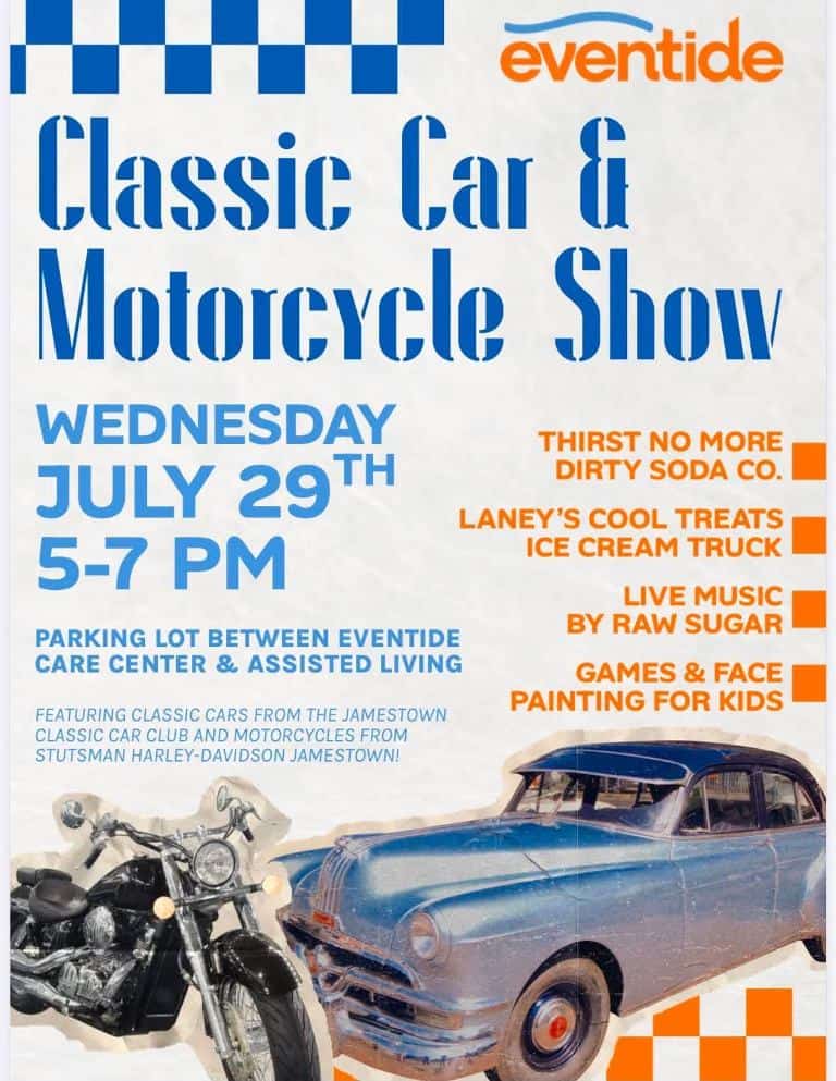 Eventide Classic Car & Motorcycle Show event at Parking lot between Eventide Care Center & Assisted Living in Jamestown, ND on July 29, 2026