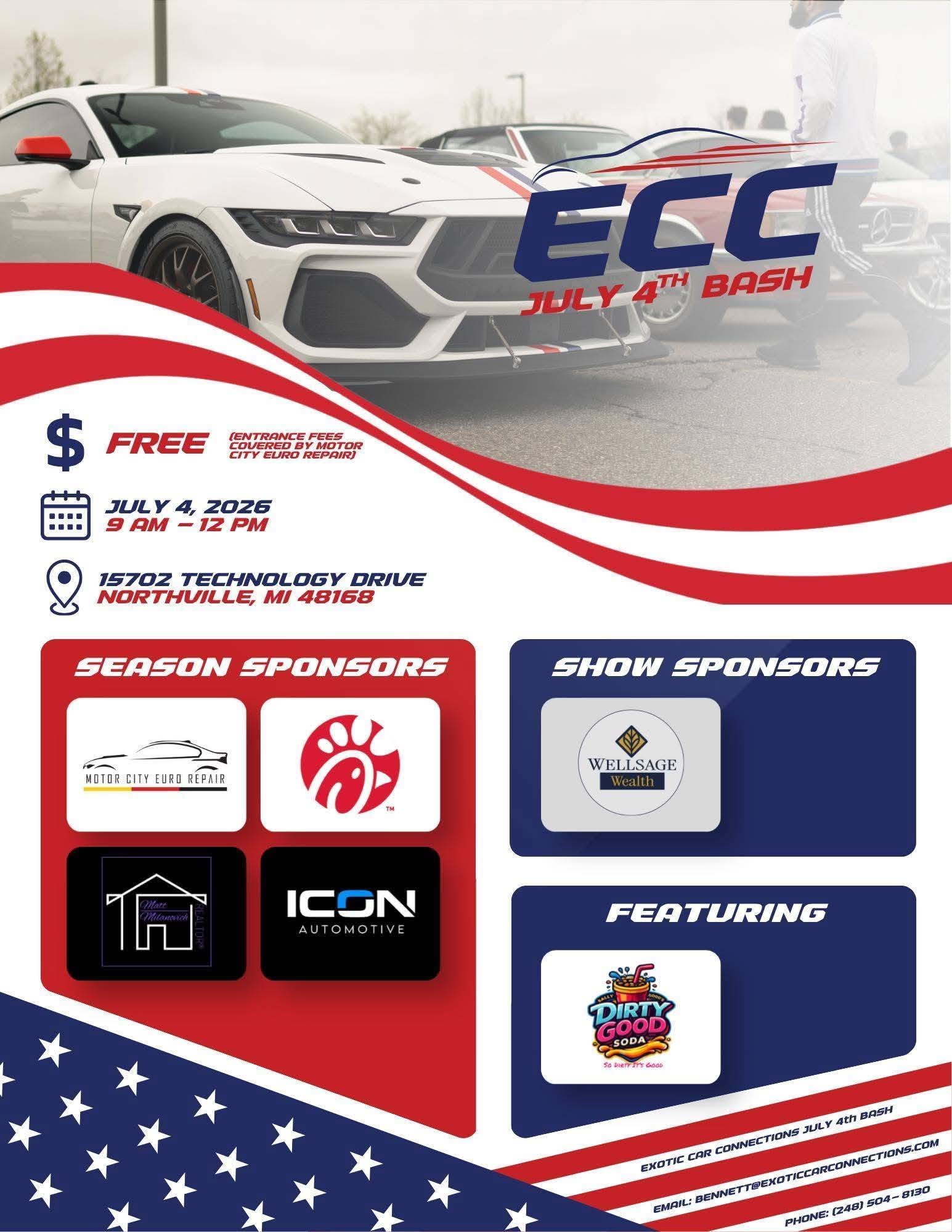 Exotic Car Connections July 4th Bash event at Motor City Euro Repair in Northville, MI on July 4, 2026