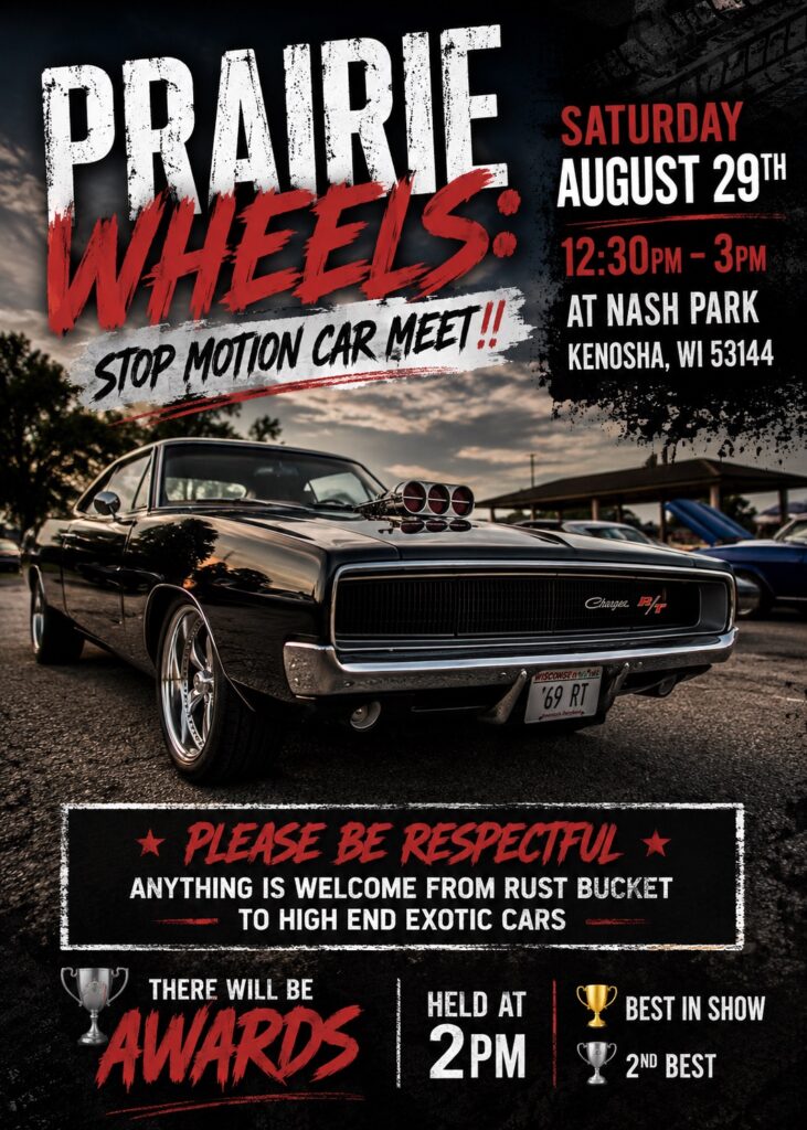 Prairie Wheels Stop Motion Car Meet event at Nash Park in Kenosha, WI on August 29, 2026