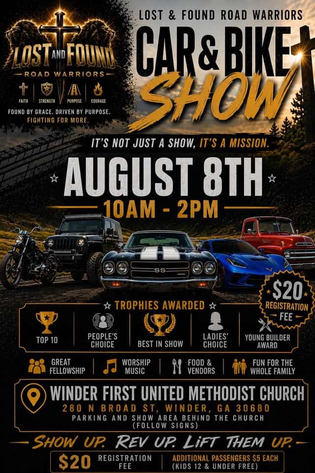 Faith in Motion Car & Bike Show event at Winder First United Methodist Church in Winder, GA on August 8, 2026