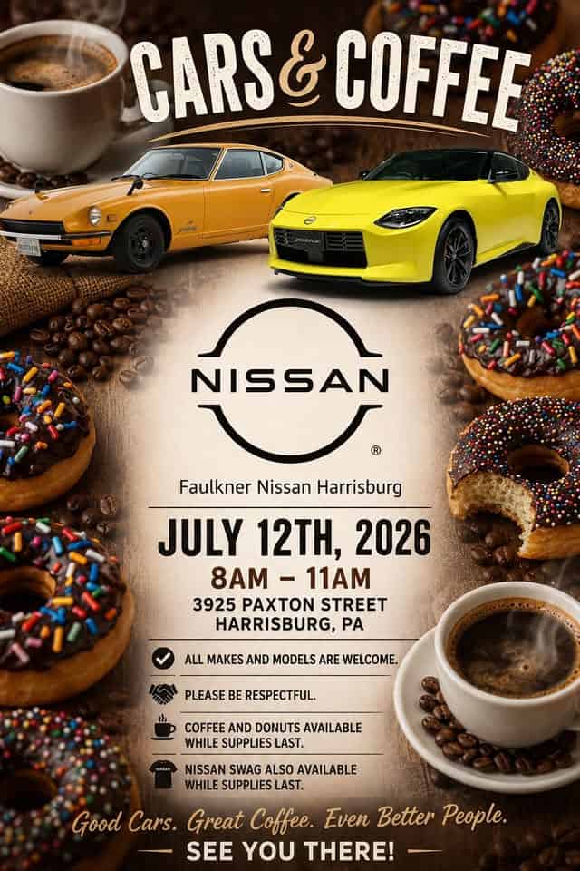 Faulkner Nissan Harrisburg Cars & Coffee event at Faulkner Nissan Harrisburg in Harrisburg, PA on July 12, 2026