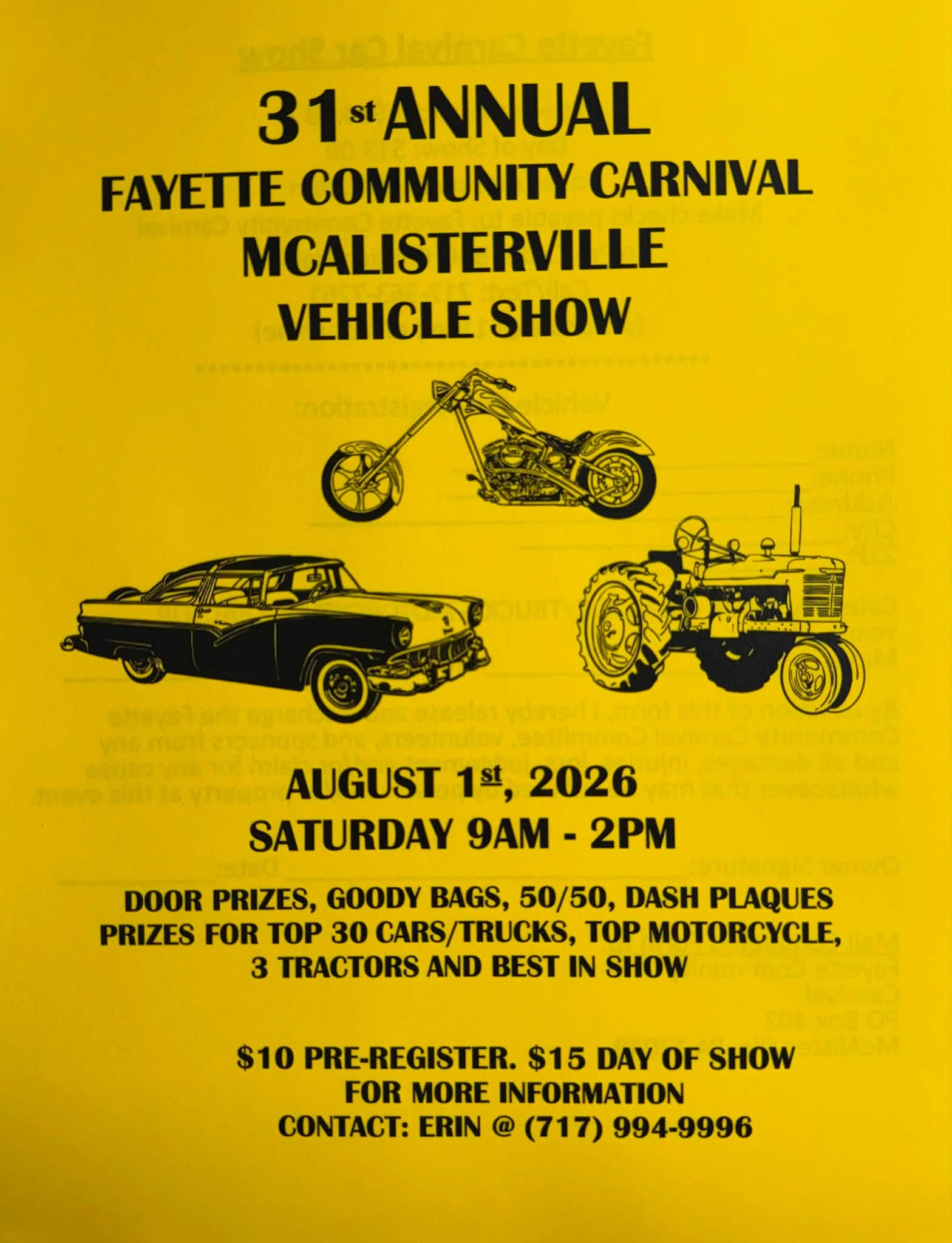 Fayette Community Carnival 31st Annual McAlisterville Vehicle Show event at Lost Creek Community Park in McAlisterville, PA on August 1, 2026