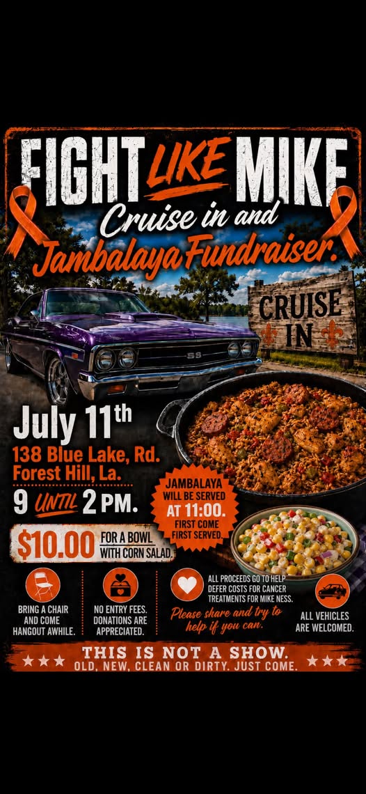 Fight Like Mike Cruise in and Jambalaya Fundraiser event at 138 Blue Lake Rd in Forest Hill, LA on July 11, 2026