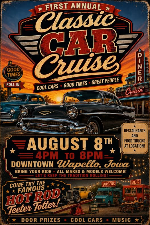 First Annual Classic Car Cruise event at Downtown Wapello in Wapello, IA on August 8, 2026