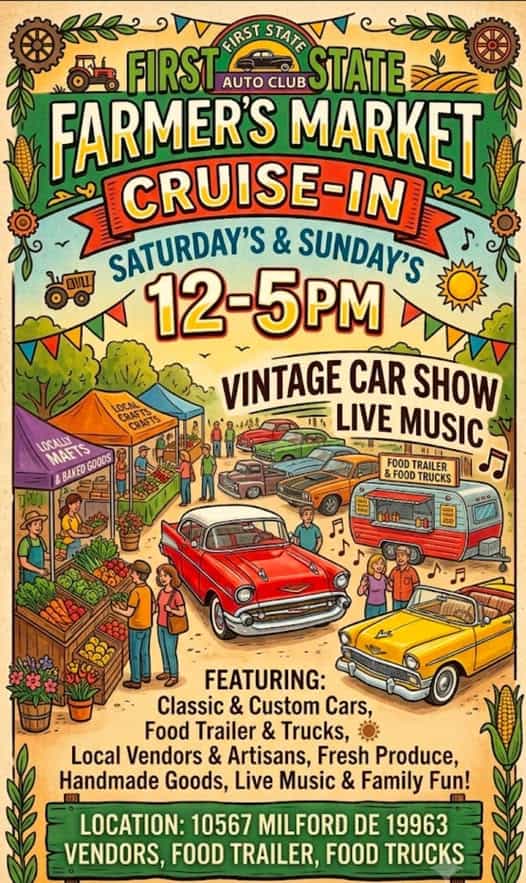 First State Auto Club Farmer's Market Cruise-In event at Farmer's Market in Milford, DE on July 25, 2026
