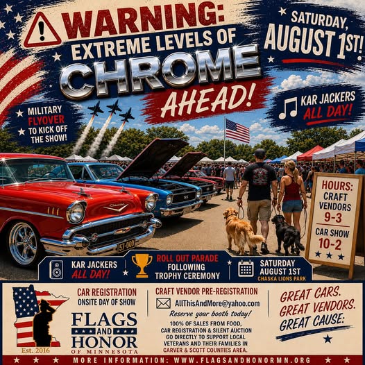 Flags and Honor of Minnesota Car Show event at Chaska Lions Park in Chaska, MN on August 1, 2026
