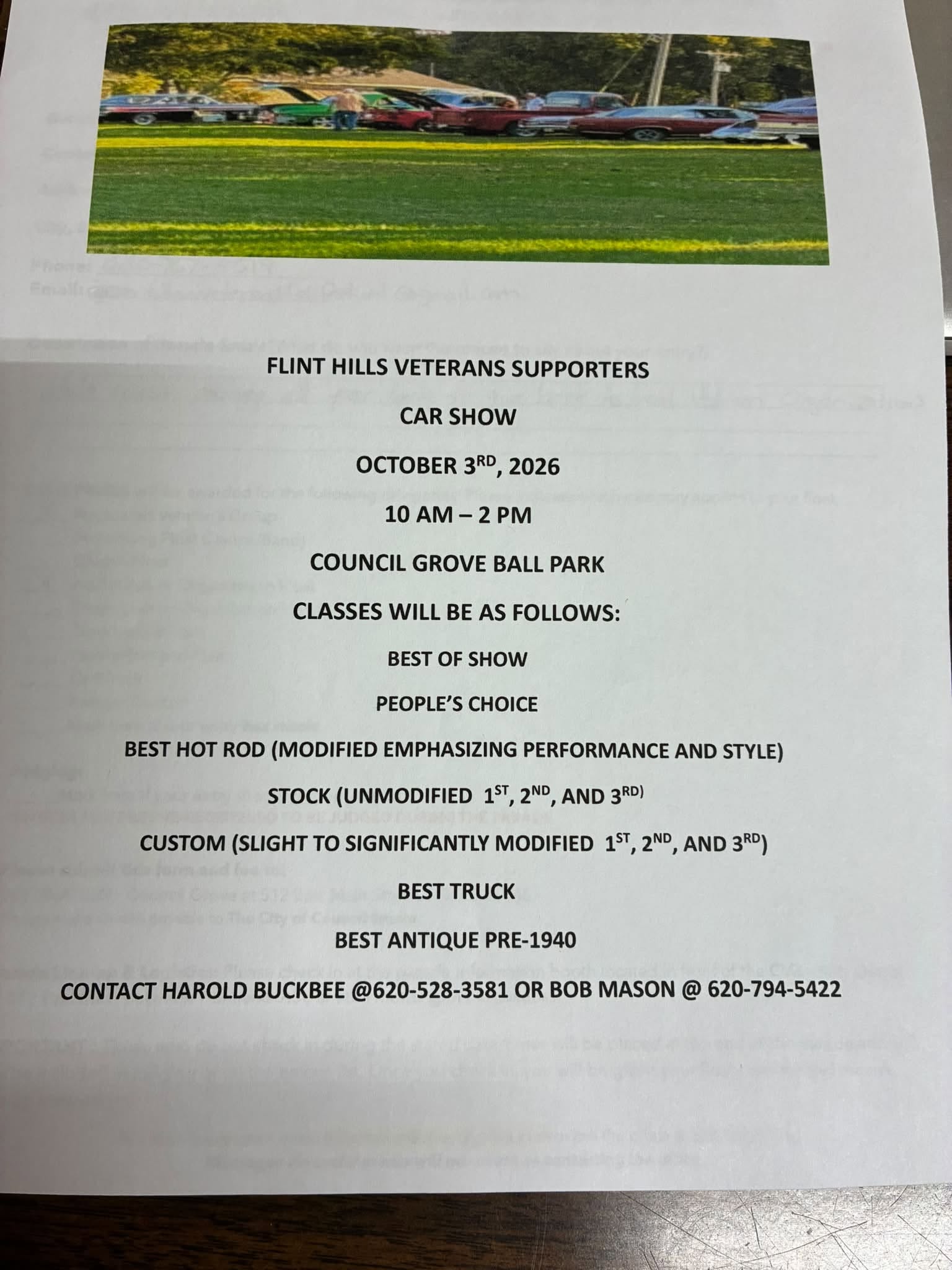 Flint Hills Veterans Supporters Car Show event at Council Grove Ball Park in Council Grove, KS on October 3, 2026