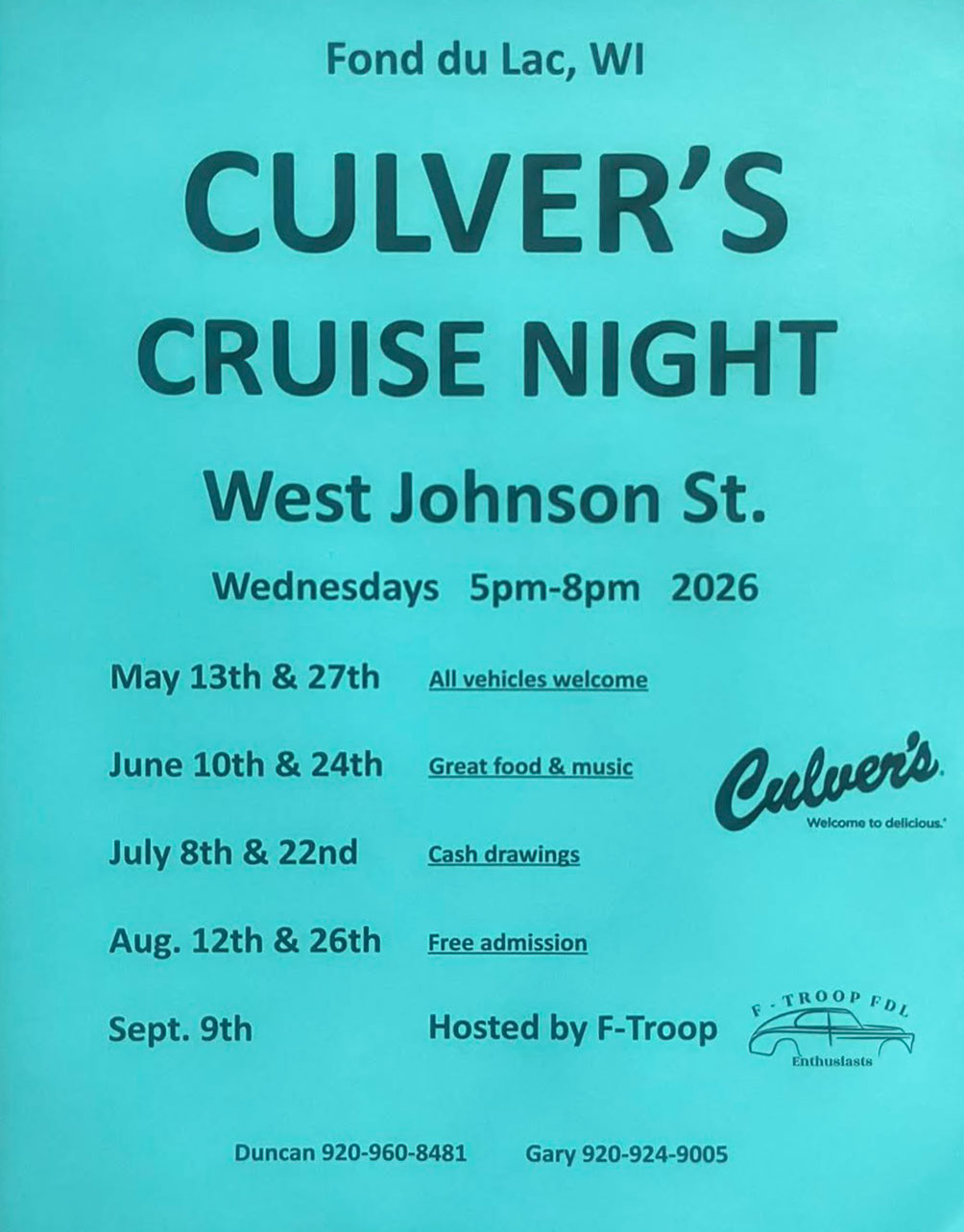 Fond du Lac Culver's Cruise Night event at Culver's in Fond du Lac, WI on July 22, 2026