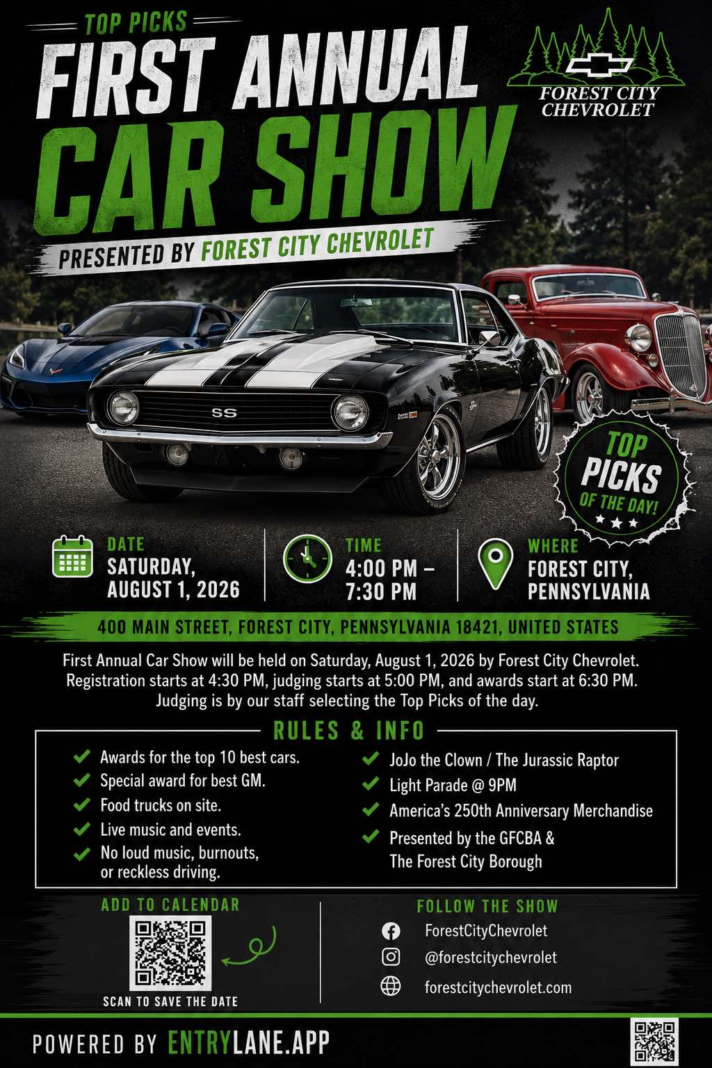 Forest City Chevrolet First Annual Car Show event at Forest City Chevrolet in Forest City, PA on August 1, 2026