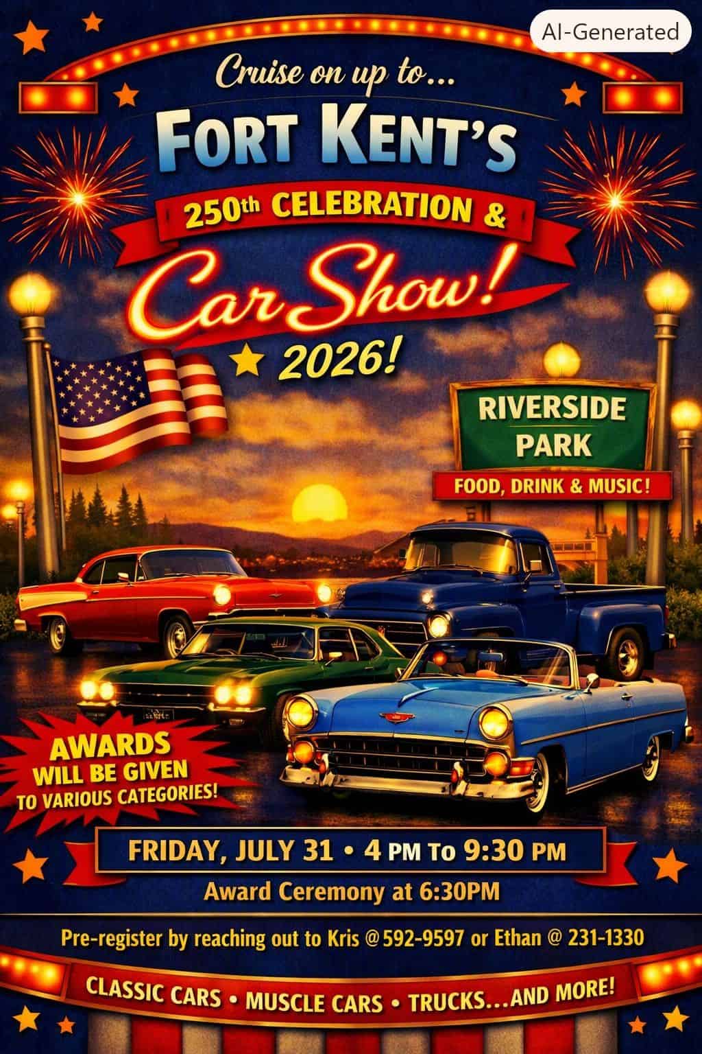 Fort Kent's 250th Celebration & Car Show event at Riverside Park in Fort Kent, ME on July 31, 2026