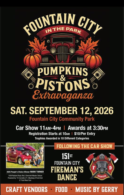 Fountain City Pumpkins & Pistons Extravaganza Car Show event at Fountain City Community Park in Fountain City, WI on September 12, 2026