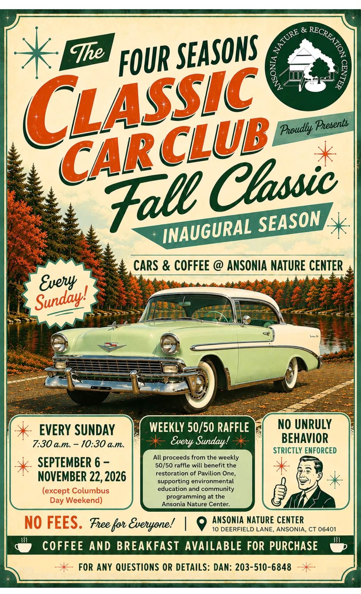 Four Seasons Classic Car Club Fall Classic Cars & Coffee event at Ansonia Nature Center in Ansonia, CT on September 6, 2026