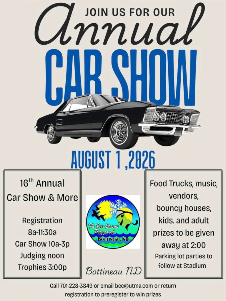 Four Seasons Playground 16th Annual Car Show event at The Four Seasons Playground in Bottineau, ND on August 1, 2026