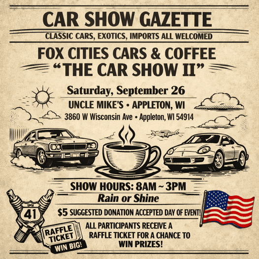 Fox Cities Cars & Coffee the Car Show II event at Uncle Mike's in Appleton, WI on September 26, 2026