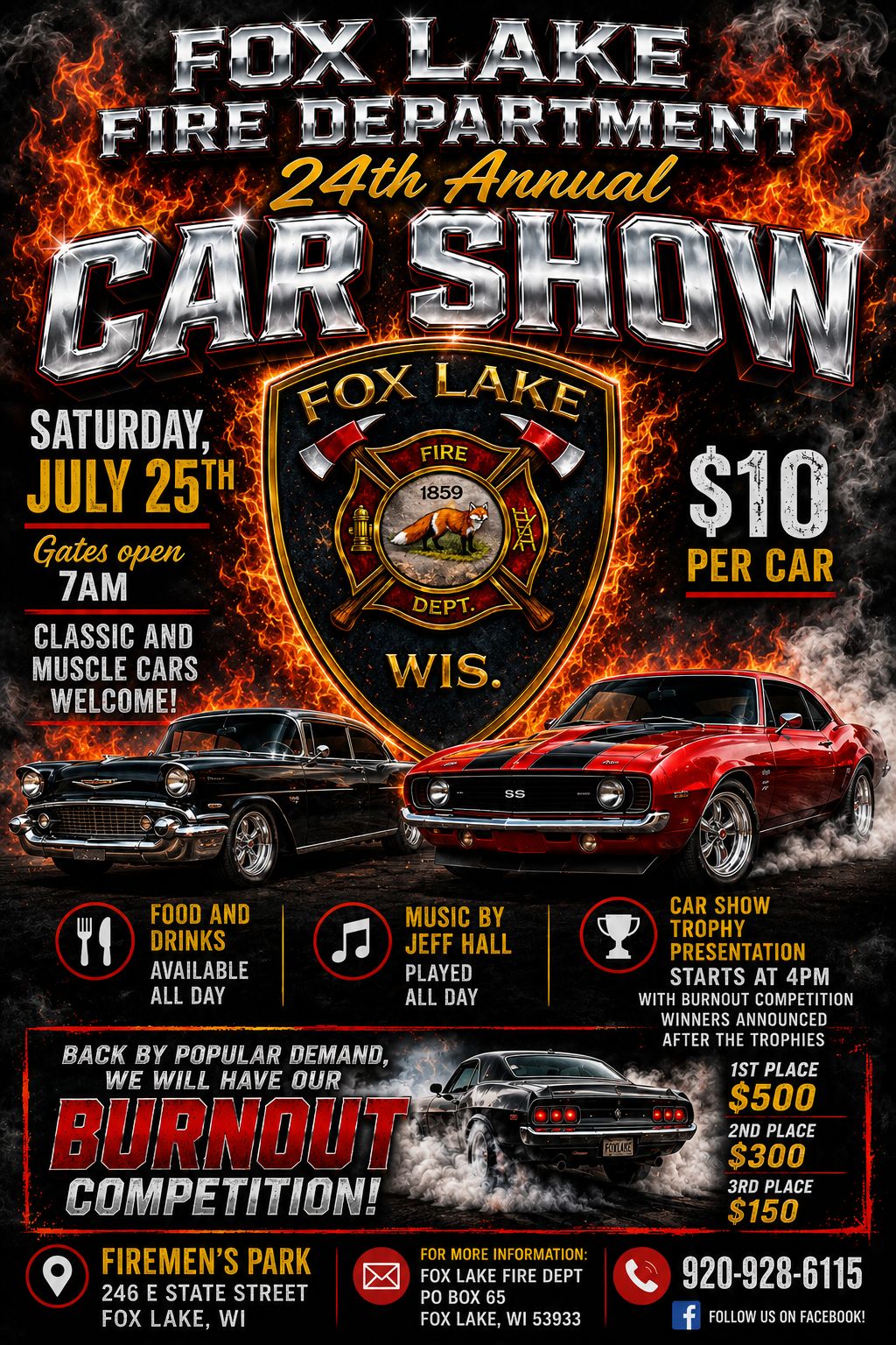 Fox Lake Fire Department 24th Annual Car Show event at Firemen's Park in Fox Lake, WI on July 25, 2026
