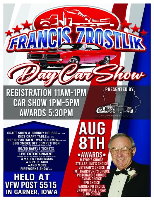 Francis Zroblik Memorial Day Car Show event at VFW Post 5515 in Garner, IA on August 8, 2026