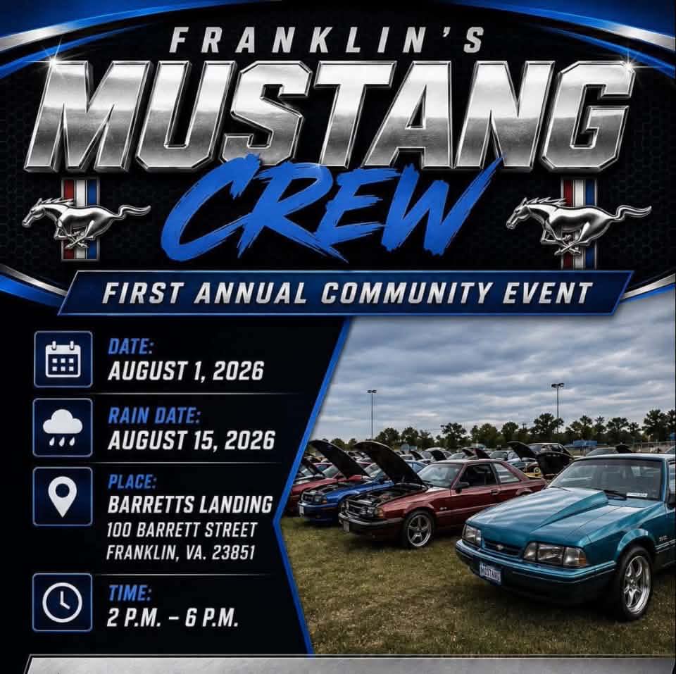 Franklin's Mustang Crew Car Show event at Barrett's Landing in Franklin, VA on August 1, 2026