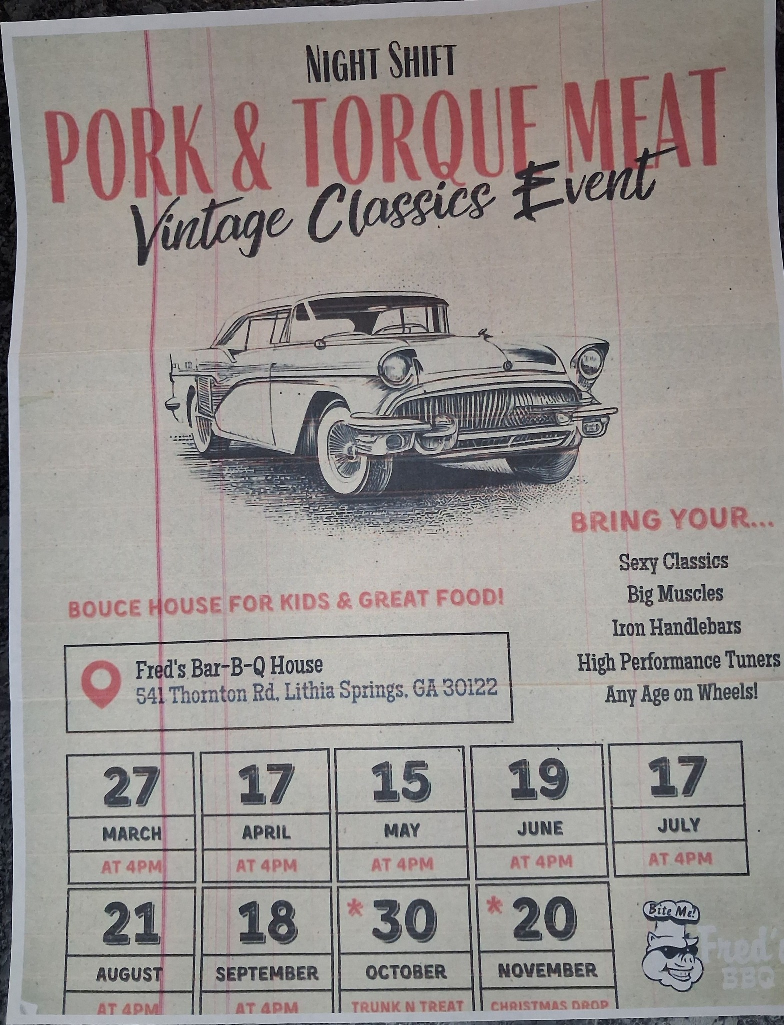 Fred's Bar-B-Q House Night Shift Pork & Torque Meet event at Fred's Bar-B-Q House in Lithia Springs, GA on July 17, 2026