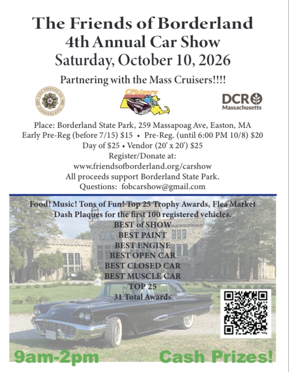 Friends of Borderland 4th Annual Car Show event at Borderland State Park in Easton, MA on October 10, 2026