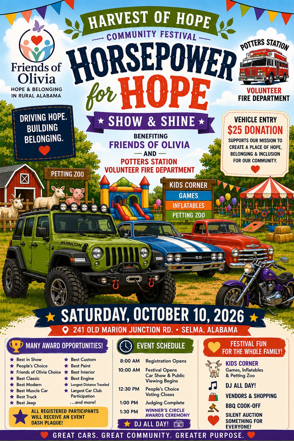 Friends of Olivia Horsepower for Hope Car Show event at 241 Old Marion Junction Rd in Selma, AL on October 10, 2026