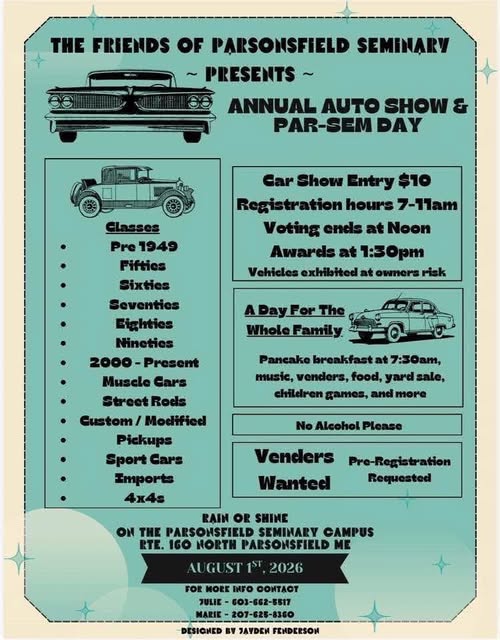 Friends of Parsonsfield Seminary Annual Auto Show & Par-Sem Day event at Parsonsfield Seminary Campus in North Parsonsfield, ME on August 1, 2026