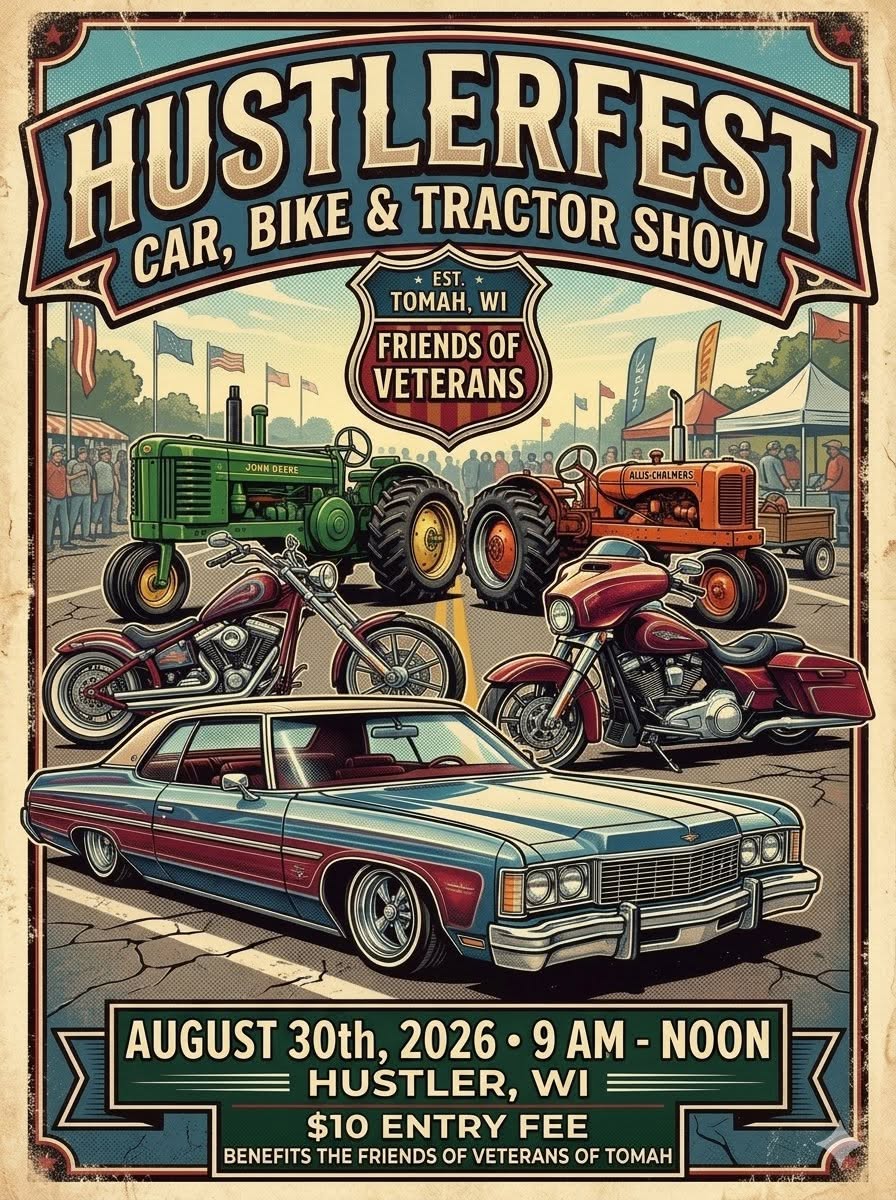 Friends of Veterans Hustlerfest Car, Bike & Tractor Shows event at Main Street in Hustler, WI on August 30, 2026