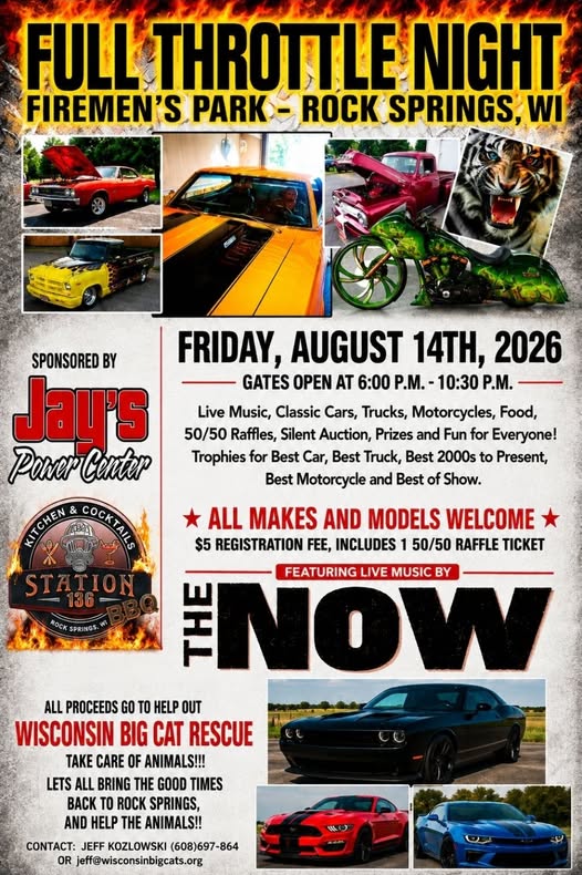 Full Throttle Night event at Firemen's Park in Rock Springs, WI on August 14, 2026