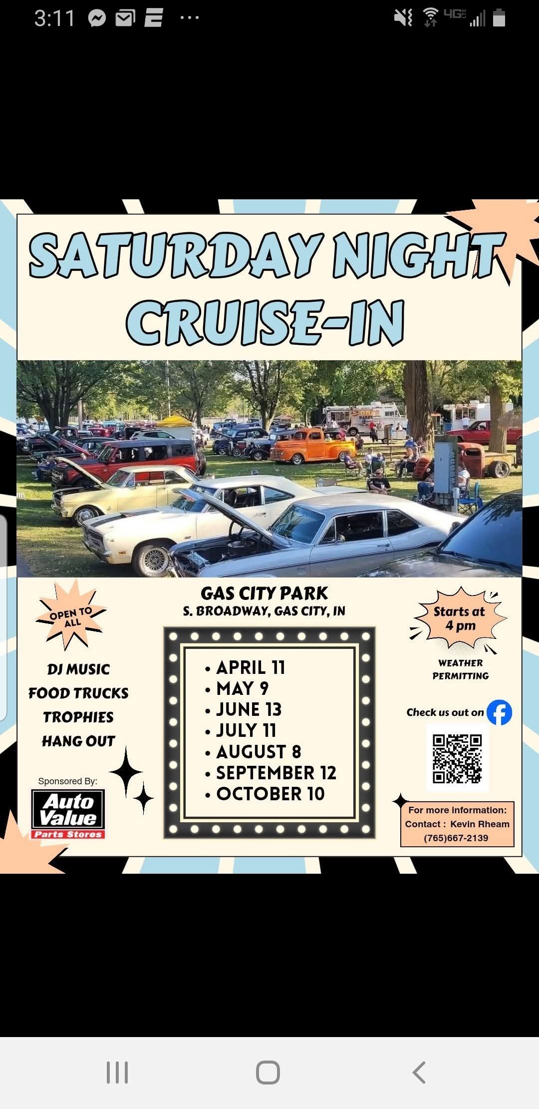 Gas City Park Saturday Night Cruise-In event at Gas City Park in Gas City, IN on July 11, 2026