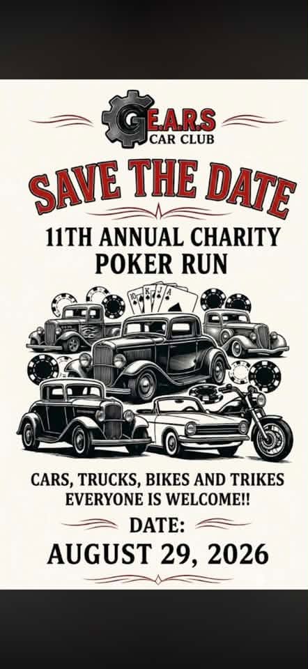 GEARS Car Club 11th Annual Charity Poker Run event at Shevy's Sports Bar & Grill in Omaha, NE on August 29, 2026