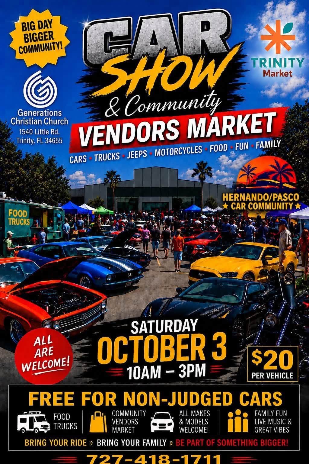Generations Christian Church Car Show event at Generations Christian Church in Trinity, FL on October 3, 2026