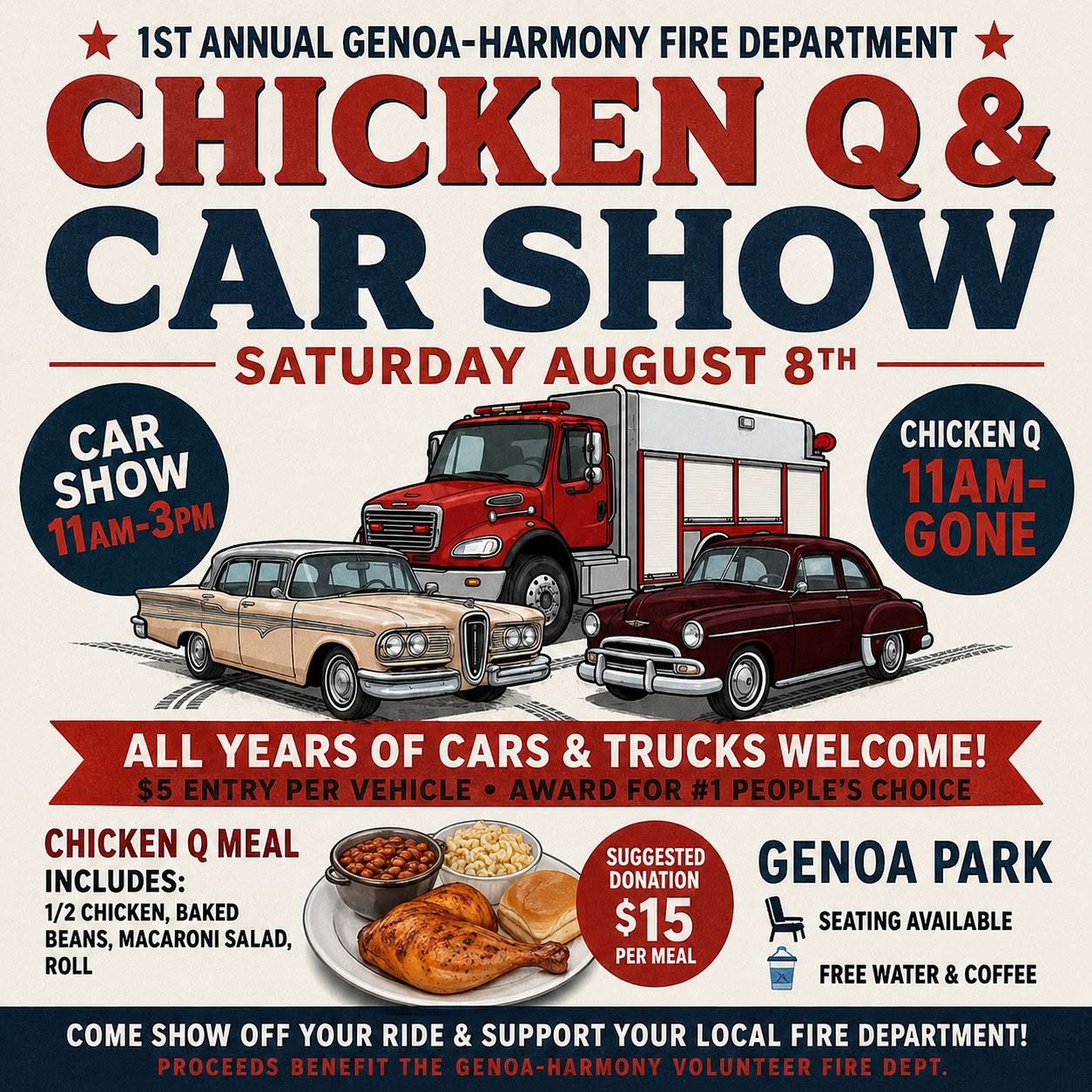 Genoa-Harmony Fire Department 1st Annual Chicken Q & Car Show event at Genoa Park in Genoa, WI on August 8, 2026