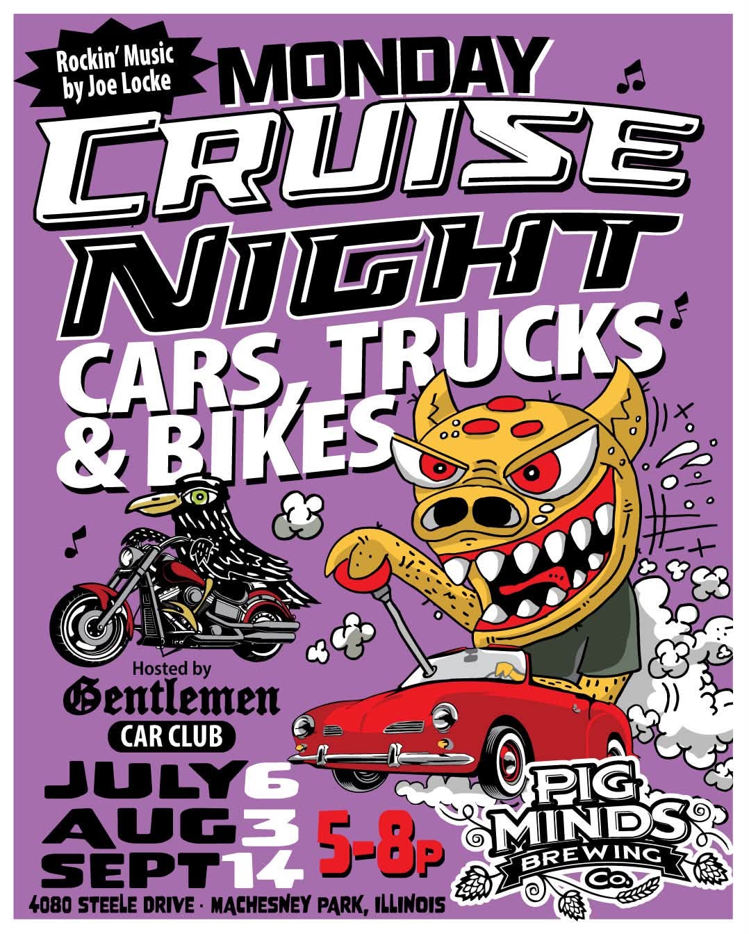 Gentlemen Car Club Monday Cruise Night at Pig Minds Brewing Co event at Pig Minds Brewing Co in Machesney Park, IL on August 10, 2026