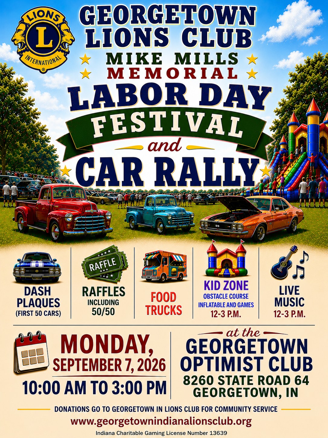 Georgetown Lions Club Mike Mills Memorial Labor Day Festival and Car Rally event at Georgetown Optimist Club in Georgetown, IN on September 7, 2026