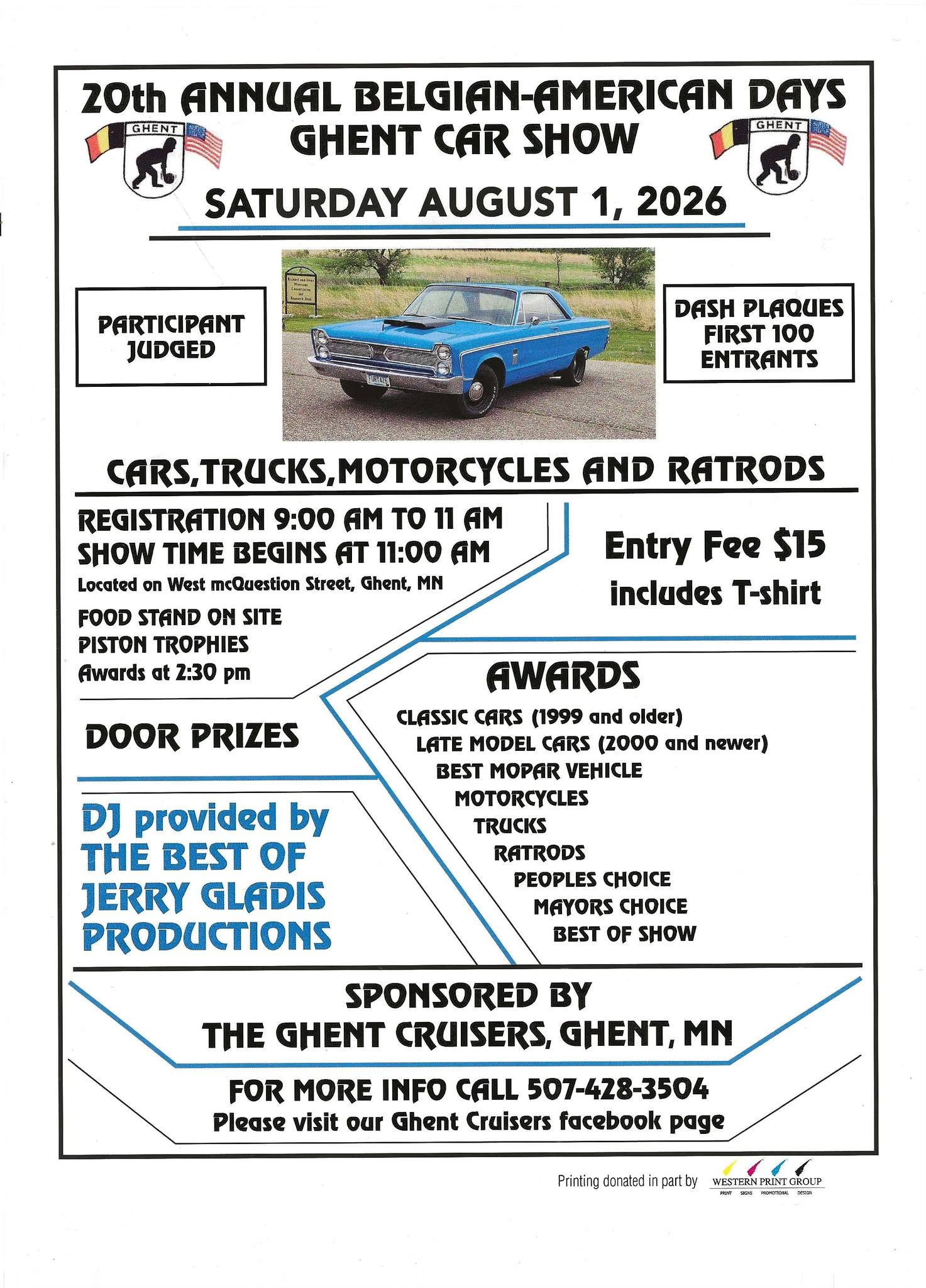 Ghent Cruisers Belgian-American Days Car Show event at West McQuestion Street in Ghent, MN on August 1, 2026